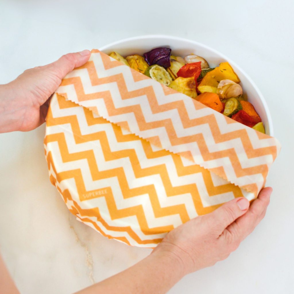 beeswax wraps on bowl in zig zag design